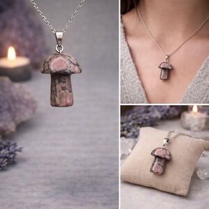 Rhodonite Mushroom Pendant Witchy Boho Apothecary Crystal Pendant Woodland